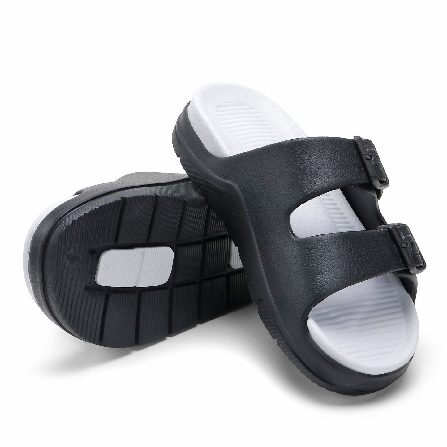 DualBuckle Black White Slides