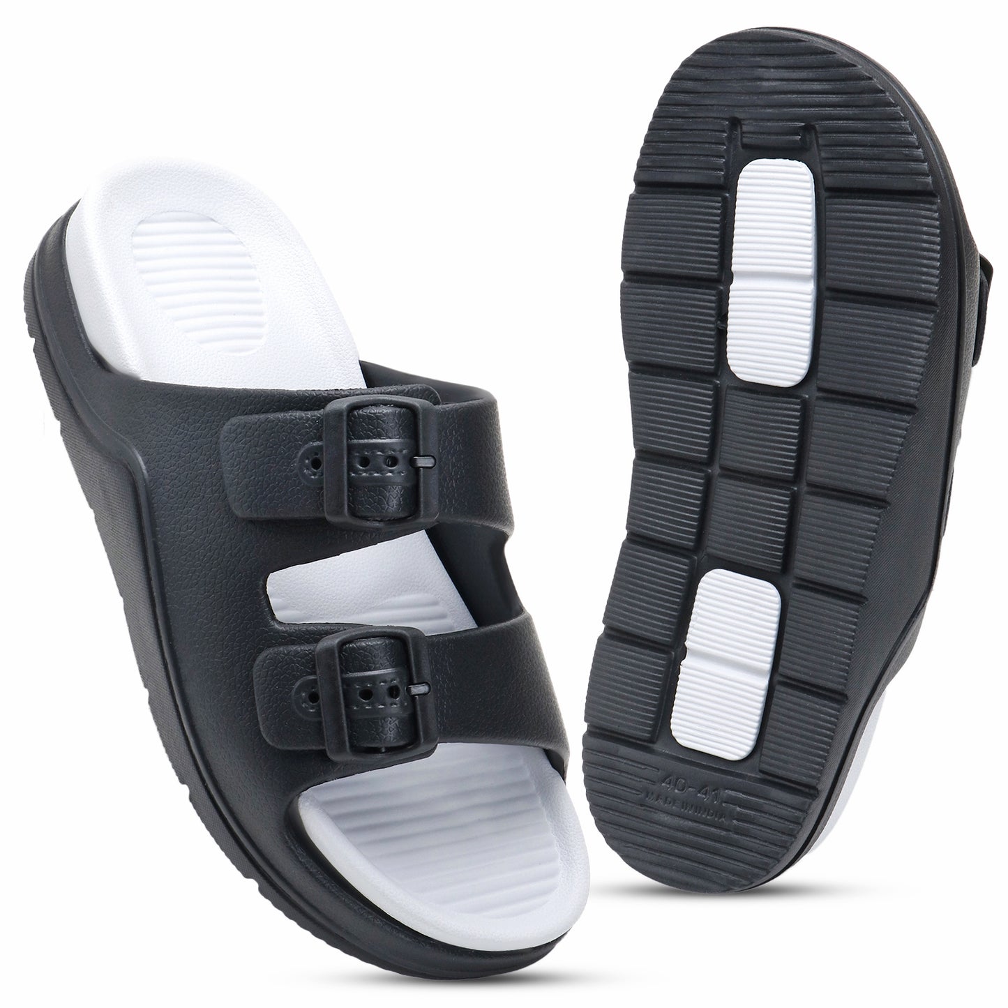 DualBuckle Black White Slides