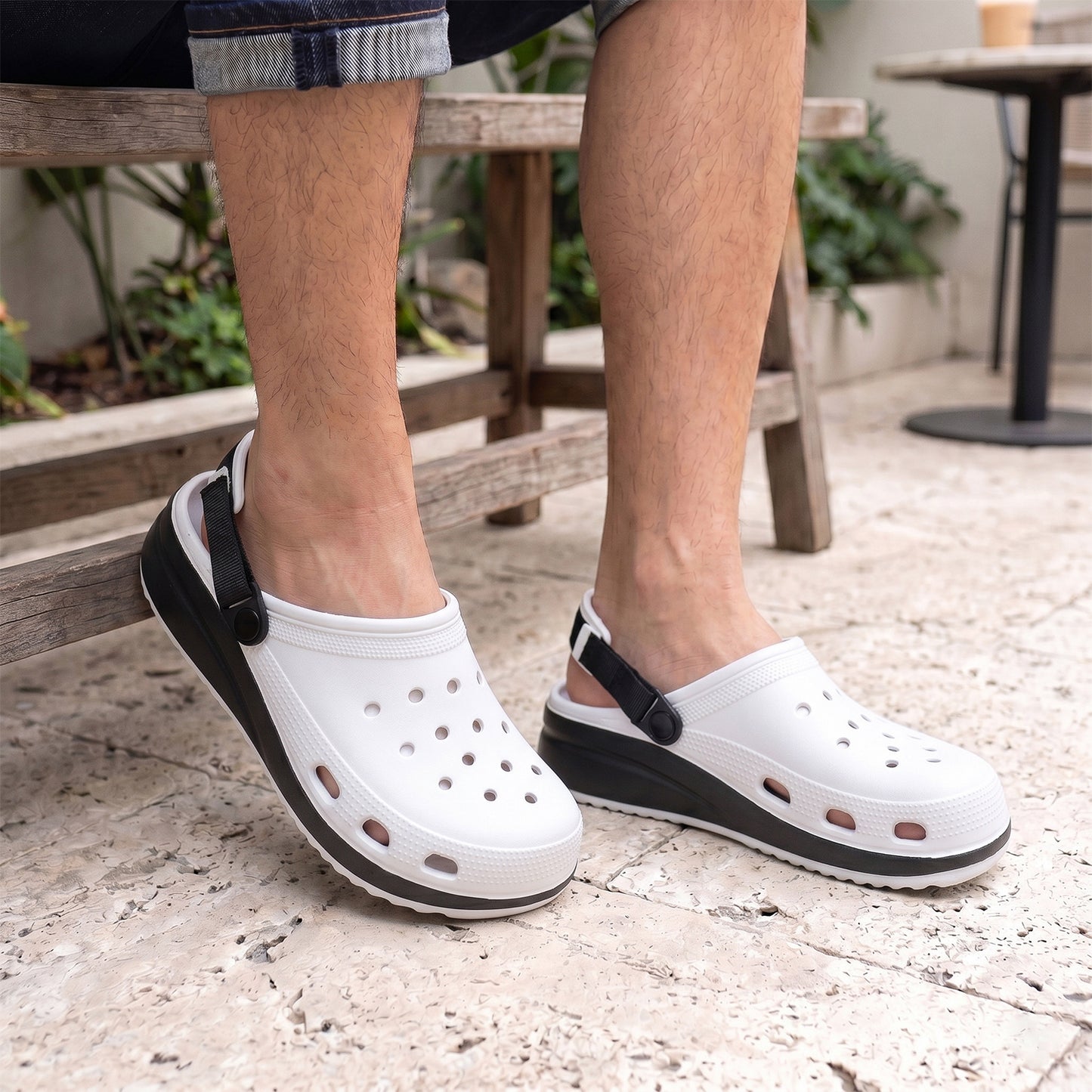 Classic White Black Strap Clogs