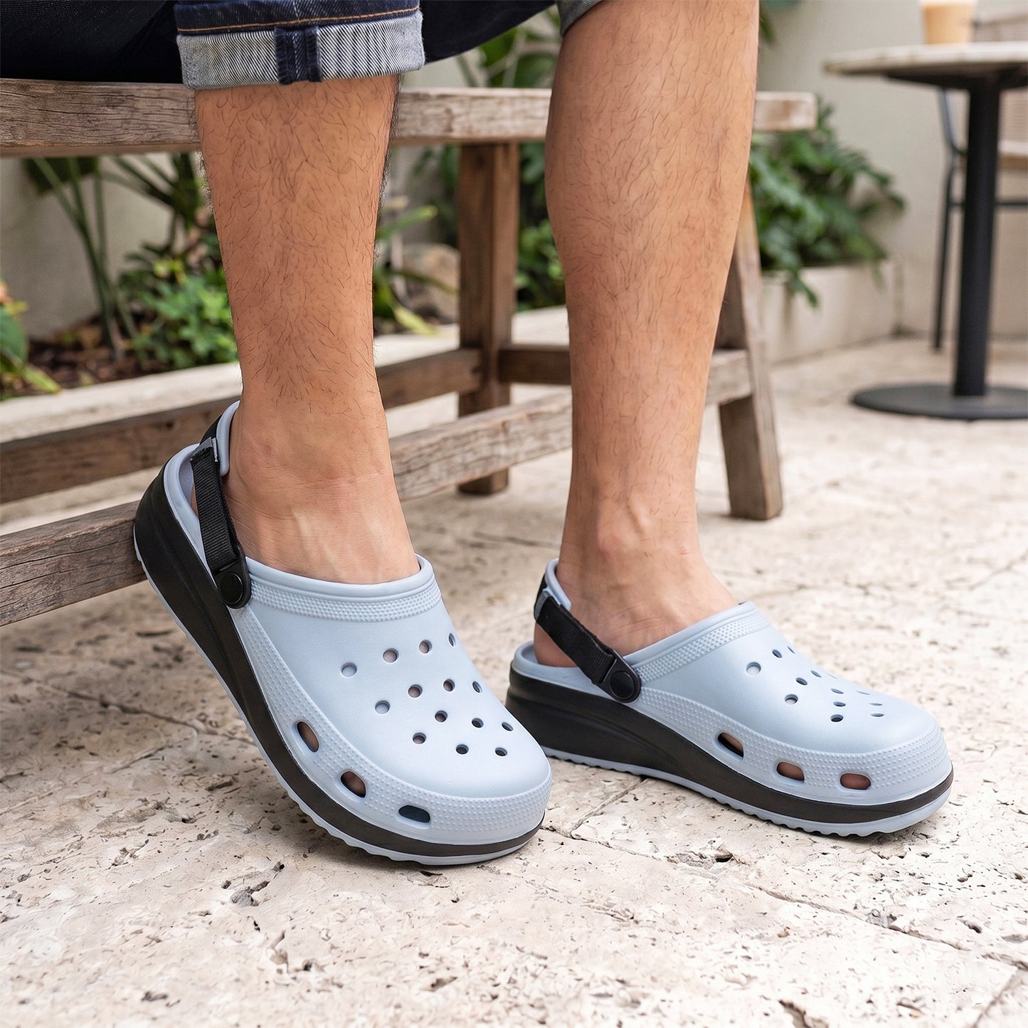 Sky Blue Black Strap Clogs