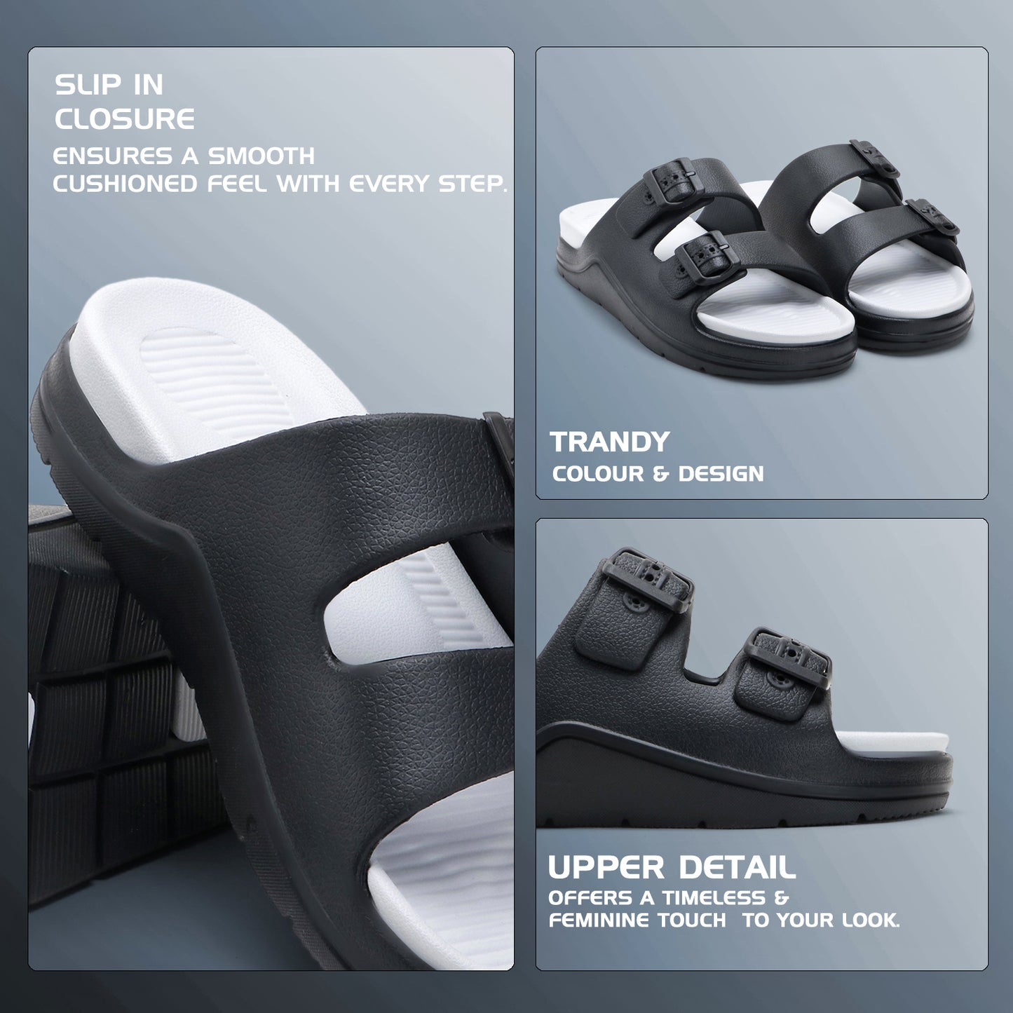 DualBuckle Black White Slides
