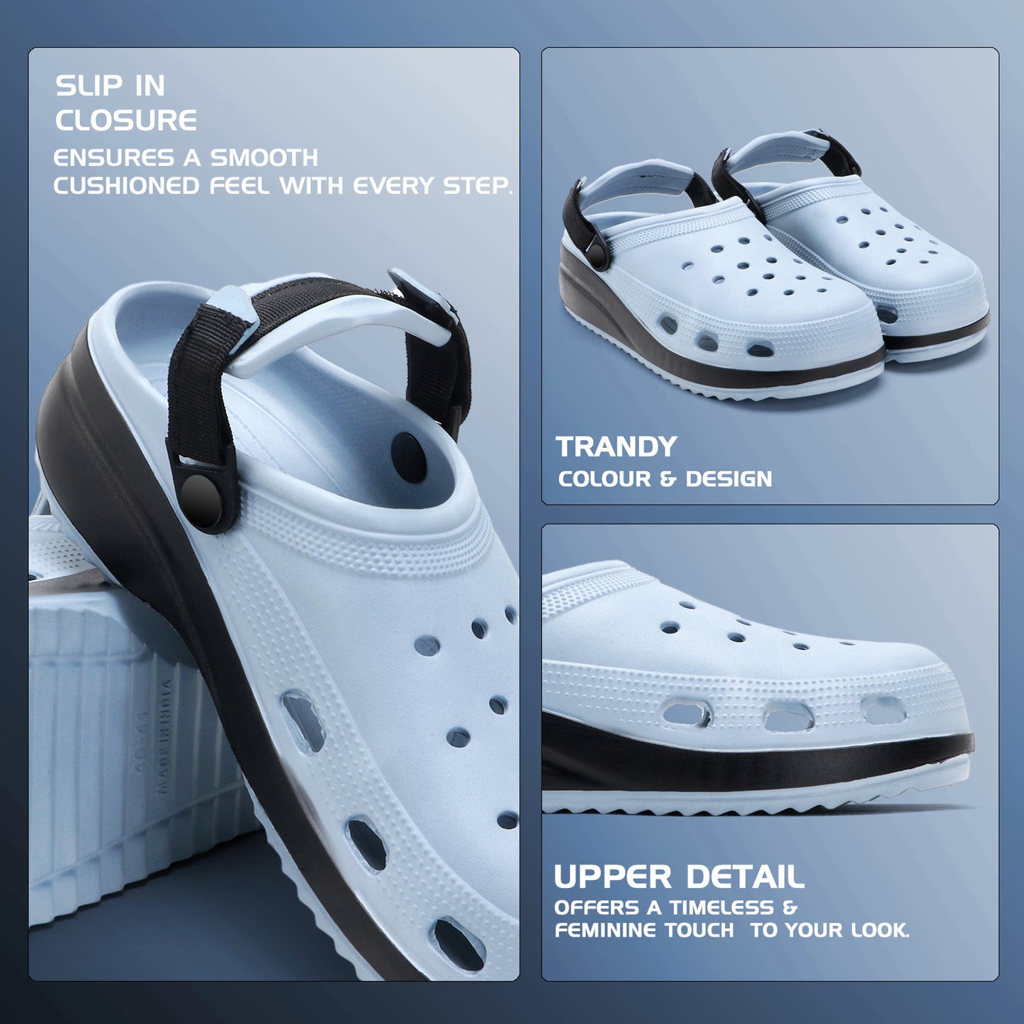 Sky Blue Black Strap Clogs
