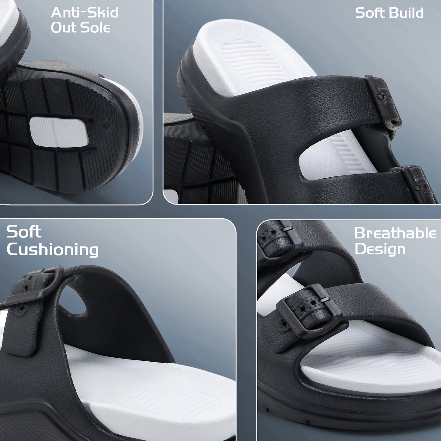 DualBuckle Black White Slides