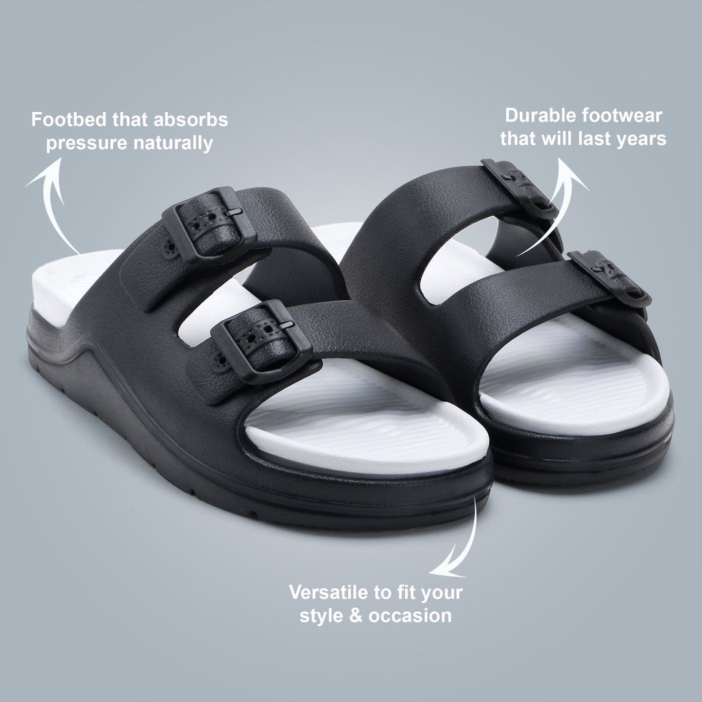 DualBuckle Black White Slides