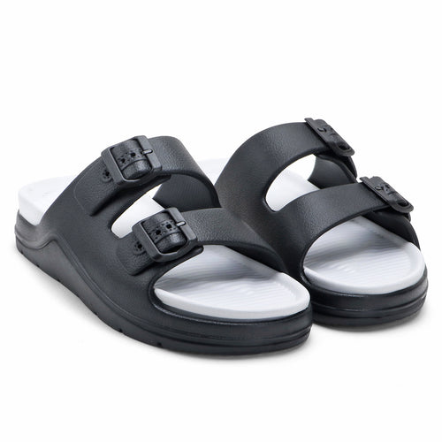 DualBuckle Black White Slides
